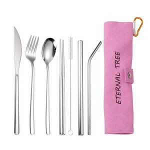 7-Piece 304 Stainless Steel Flatware Chopstick Spoon Straw Fork Knife Tableware Set W/Bag(Model B)