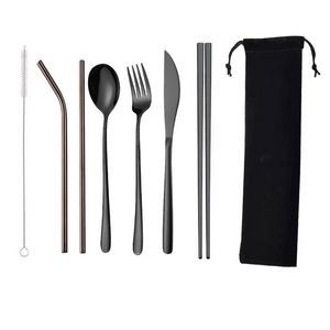 7-Piece 304 Stainless Steel Flatware Chopstick Spoon Straw Fork Knife Tableware Set W/Bag(Black)