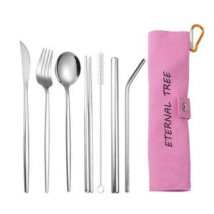 7-Piece 304 Stainless Steel Flatware Chopstick Spoon Straw Fork Knife Tableware Set W/Bag(Model C)