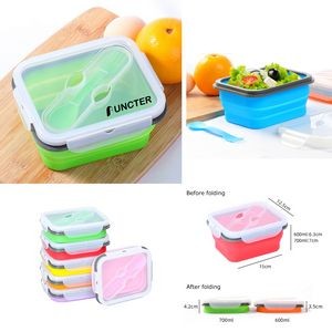 700ml Silicone Folding Lunch Box Collapsible Bowl Bento Lunch Box W/Lid And 2 in 1 Spoon Fork