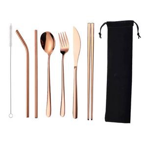 7-Piece 304 Stainless Steel Flatware Chopstick Spoon Straw Fork Knife Tableware Set W/Bag(Rose Gold)