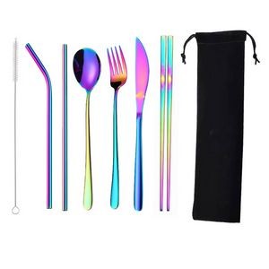 7-Piece 304 Stainless Steel Flatware Chopstick Spoon Straw Fork Knife Tableware Set W/Bag(Rainbow)