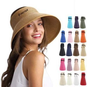Foldable Straw Sun Visors for Women, Sun Protection Wide Brim Sun Hats Adjustable Topless Beach Hat
