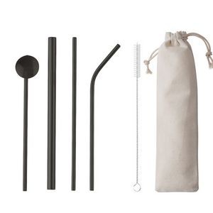 5-Piece 304 Stainless Steel Flatware Drinking Spoon Straw Tableware Set W/Drawstring Bag(Black)