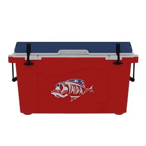 Taiga 55 Quart Cooler: Taiga Fish molded Logo, Red Base/ Blue Lid