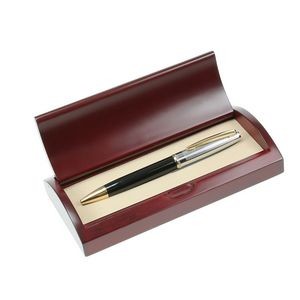 Black Executive Ball Pen in Curved Wooden Gift Box w/Gold Accents