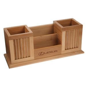 Bamboo Desk Set w/Two Pencil Cups and Business Card/Memo Holder