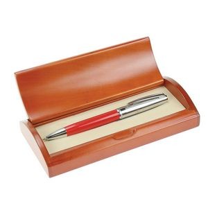 Red Executive Ball Pen in Curved Wooden Gift Box