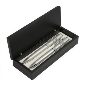 Satin Silver Ballpoint Pen and Pencil with Diamond Cut Ring Pen Set