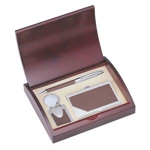 Executive Pen, Card Case, and Key Chain Set in Brown Leather