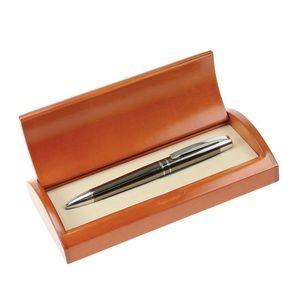 Gunmetal Executive Ball Pen in Curved Wooden Gift Box