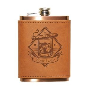 8 Oz. Copper Coated Stainless Flask w/ Full-Grain Leather Wrap / Gift box