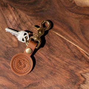 Round Full-Grain Leather Keychain w/Brass Scissor Clip and key ring- Made in USA