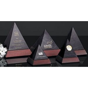 Black Genuine Marble Pyramid/Clock Award w/Mahogany Base