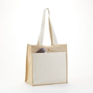 10.Oz Cotton Stylish Jute Tote Bag w/Exterior Pocket & Top Button Loop Closure