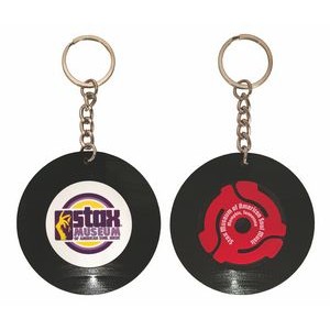 Recycled Vinyl Record Key Chain - 2 Sided Imprint - 1 Side Custom Label, 1 Side Custom 45rpm Adapter