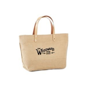 Small jute/burlap tote bag with leather handles, rivets, zippered closure and zippered pocket inside