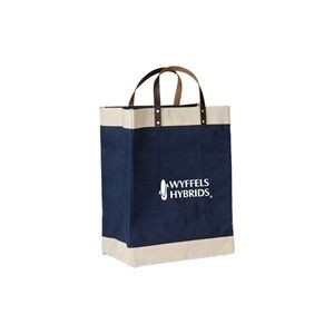 Laminated jute market tote with cotton accents and leather handles