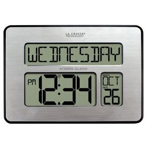 Silver Atomic Digital Wall Clock w/Indoor Temperature