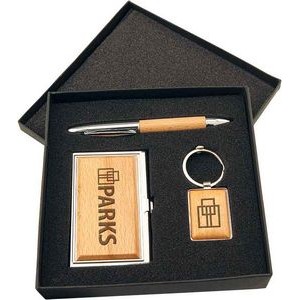 Silver/Wood Finish Gift Set with Business Card Case, Pen & Keychain