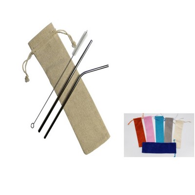 2 silver Stainless Steel Straw With 1 Cleaning Brush with a linen pouch