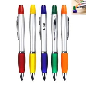 2 In 1 Plastic Click Action Ballpoint Pen With Highlighter & Rubber Grip Section