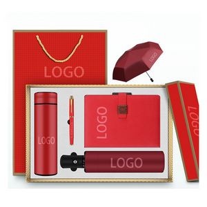 Executive Essentials Gift Set: Vacuum-Insulated Tumbler & Designer Umbrella & Leather-Bound Notebook