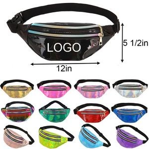 Water Resistant Holographic Laser PU Fanny Pack With 3 Pockets & Adjustable Belt 12"x5 1/2"x2 3/4"