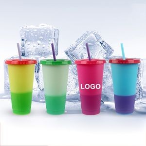 24oz Reusable Plastic Color Changing Cup With Lid & Straw