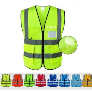High Visibility Breathable Mesh Fabric Safety Vest With Multi Pockets & Zipper & Reflective Strips
