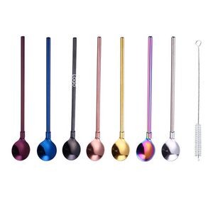 8 inch Stainless Steel Straw Spoon Stirrers with Cleaning Brush