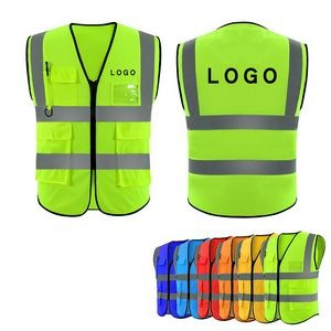 High Visibility Fabric Safety Vest With Multi Pockets & Clear Name Card Window & Reflective Strips