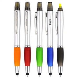 3 In 1 Multifunctional Plastic Click Action Ballpoint Pen With Highlighter & Touch Screen Stylus