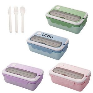 3-In-1 Compartment 2 Tier Stackable Container Wheat Straw Japanese Bento Lunch Box With Spoon & Fork