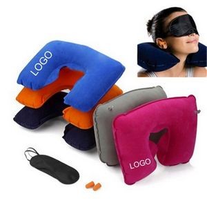 Portable Travel Kit With PVC Inflatable U-shape Neck Pillow & Polyester Eye Mask & Foam Ear Plugs