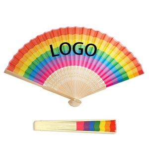 8 1/3" LGBT Pride Rainbow Natural Bamboo Wooden Polyester Folding Handheld Fans