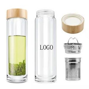 13oz Double Wall Glass Water Bottle Travel Tumbler With Bamboo Lid & Tea Infuser