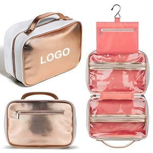 10" Large PU Leather Hanging Toiletries Bag Cosmetics Case With Hook & Handle & Clear Compartments