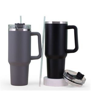40oz Double Wall Stainles Steel Vacuum Insulated Travel Tumbler With Handle & Straw