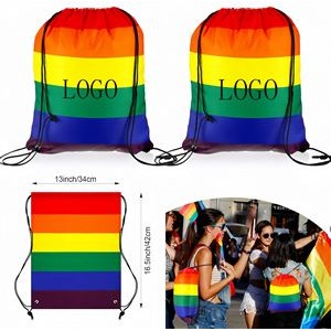 Custom LGBT Pride Rainbow 210D Polyester Drawstring Backpack Bag 16 1/2"x13 2/5"