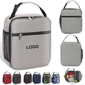 Small Portable Oxford Cloth Insulated Lunch Bag With Buckle Handle & Side Mesh Pocket