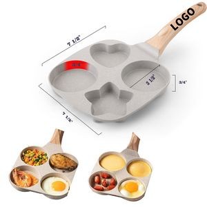 Stone Non-Stick Four Holes Egg Burger Skillet Frying Pan With Wood Handle 9'' x 9 1/5'' x 1 3/5''