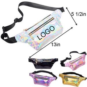 Water Resistant Shiny Holographic Laser PU Fanny Pack With 3 Pockets & Adjustable Belt 13"x5 1/2"