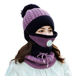 Pom Beanie Hat with Scarf and Mask