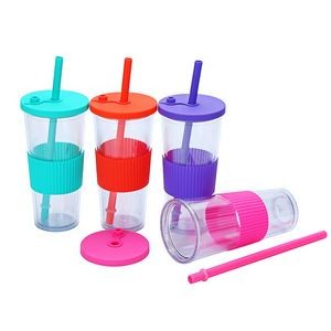 24 Oz. Double Wall Plastic Cup with Lid & Straw