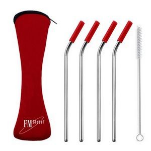 Stainless Steel Bent Straw with Cleaner in Neoprene Bag