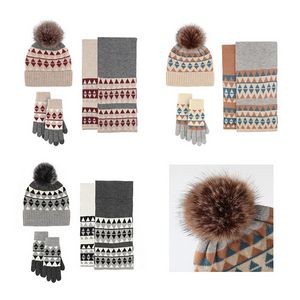 Plaid 3 pcs Set Knit Winter Beanie Hat with Scarf and Gloves