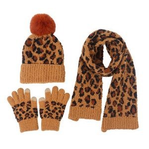 Leopard Print Scarf Gloves Hat Three-piece Set