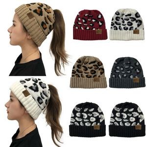 Lady Leopard Print Ponytail Knit Beanie Hat