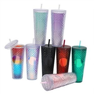 24 Oz. Plastic Double Wall Coffee Tumbler with Straw